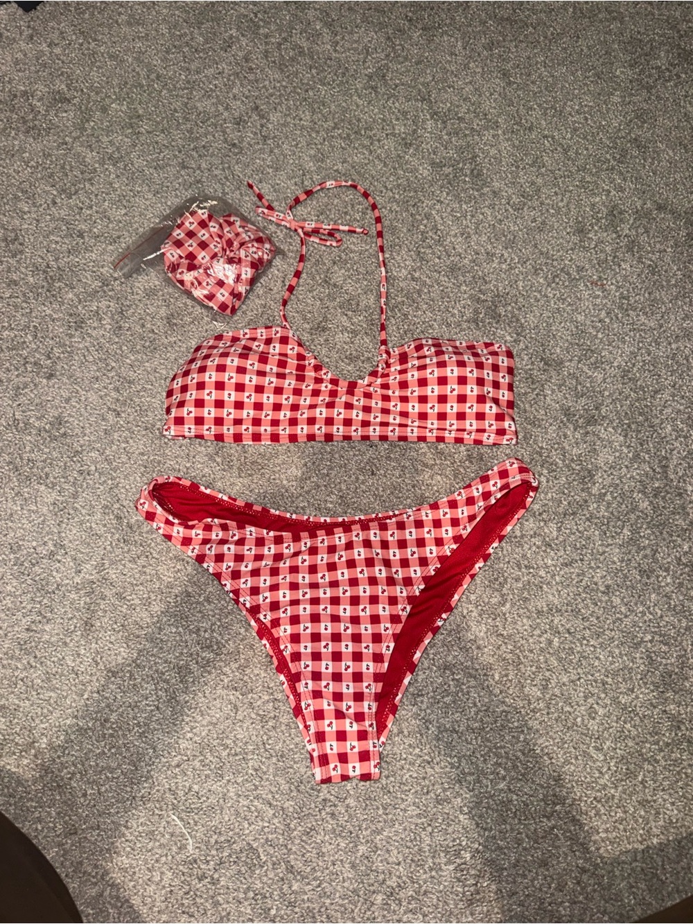 Cabana Del Sol red gingham with cherries Bikini Swim Set with scrunchie
